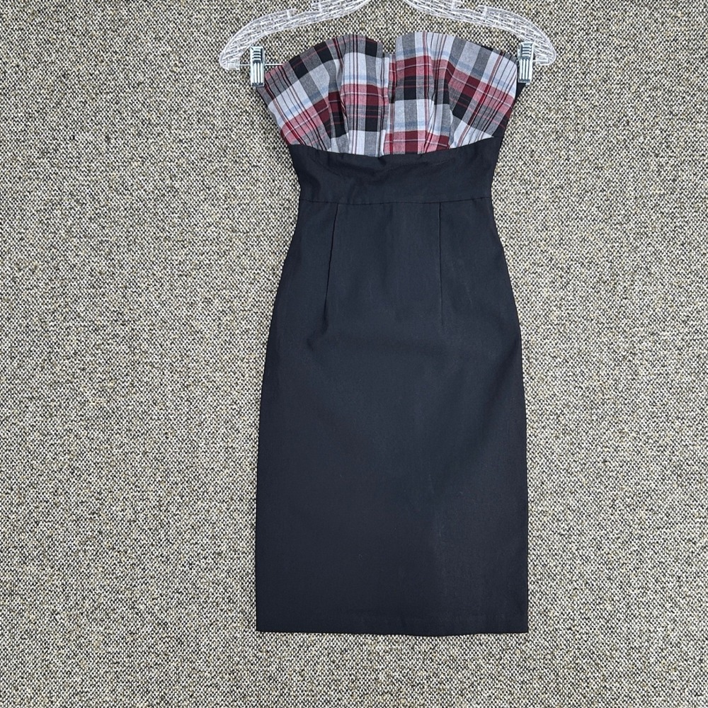 Y2K The Clothing Company Strapless Plaid Bustier Bodycon Dress Black Red Small